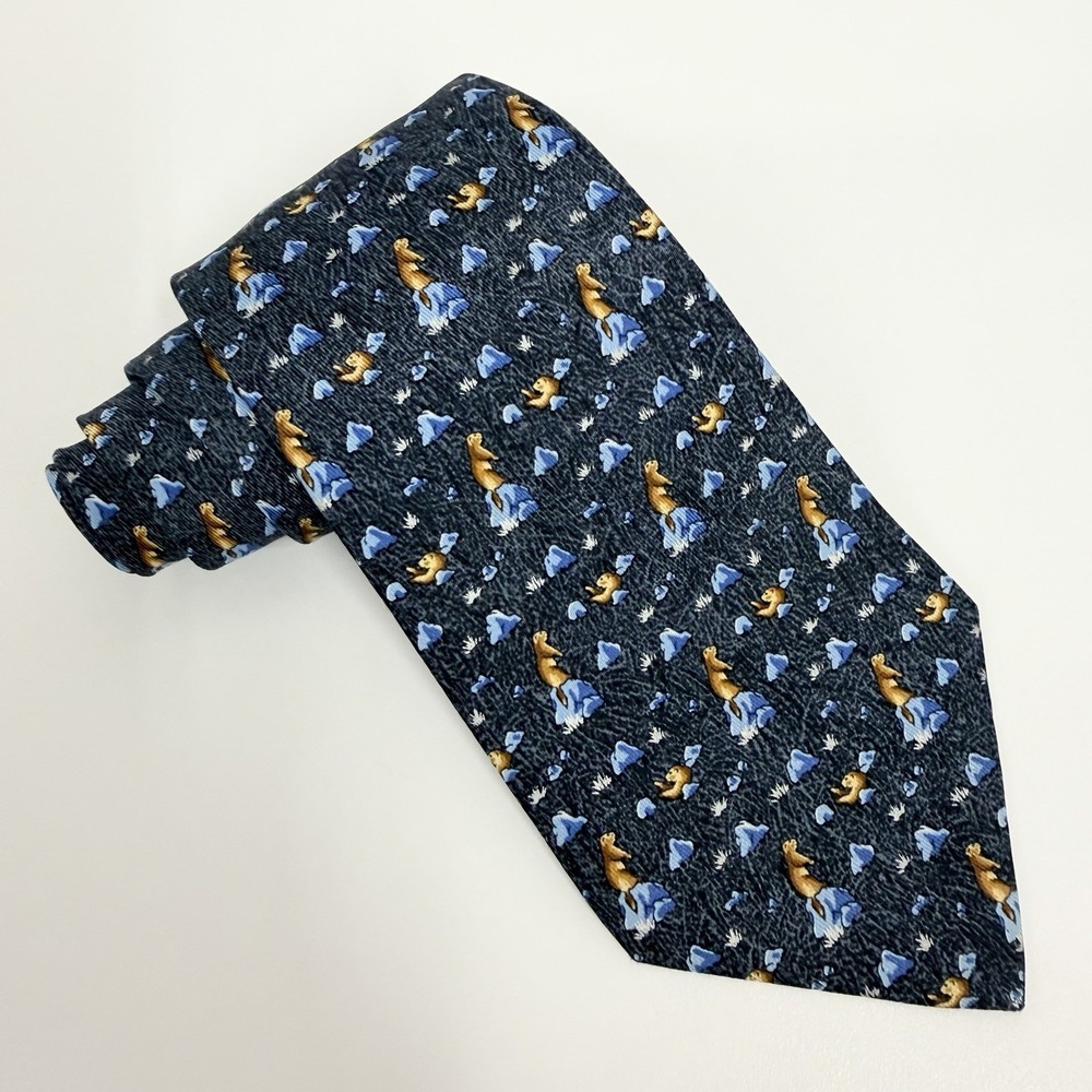 Hermes Mens Tie Groundhogs On Rocks Navy/Brown Satin Silk 7763 FA 3.5" x 56" euc - Picture 4 of 7